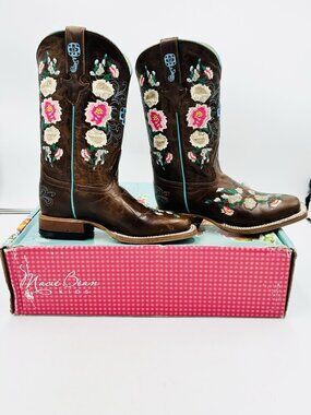 NIB Macie Bean Honey Bunch Floral Embroidered Cowboy Boots Size 2 Brown MK9012
